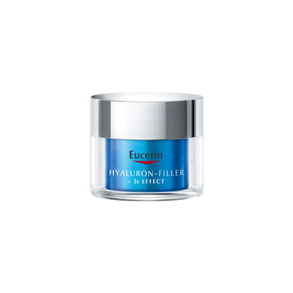 Eucerin Hyaluron-Filler +3X Effect Moisture Booster Night cream in a jar, showing the product label and packaging.