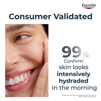 Eucerin Hyaluron-Filler +3X Effect Moisture Booster Night cream in a jar, featuring lightweight, hydrating skincare for overnight use.