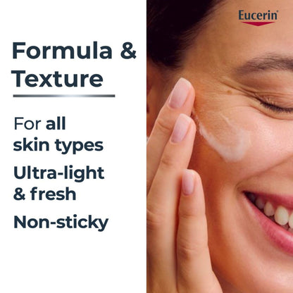 Eucerin Hyaluron-Filler +3X Effect Moisture Booster Night cream jar with blue and white packaging and applicator.