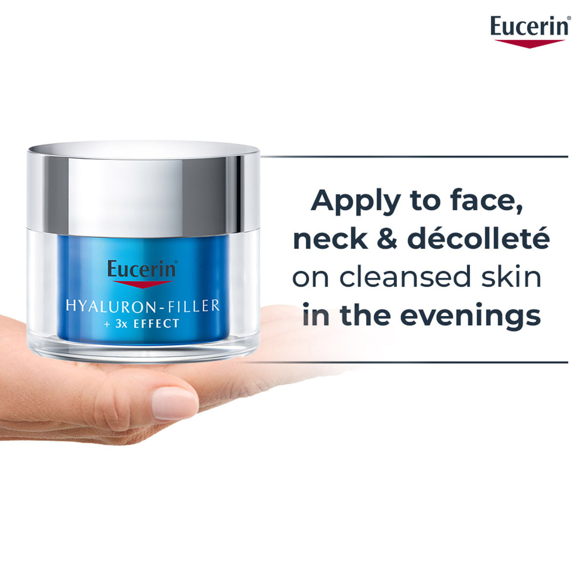 Eucerin Hyaluron-Filler +3X Effect Moisture Booster Night cream in a jar, showing the product label and applicator.