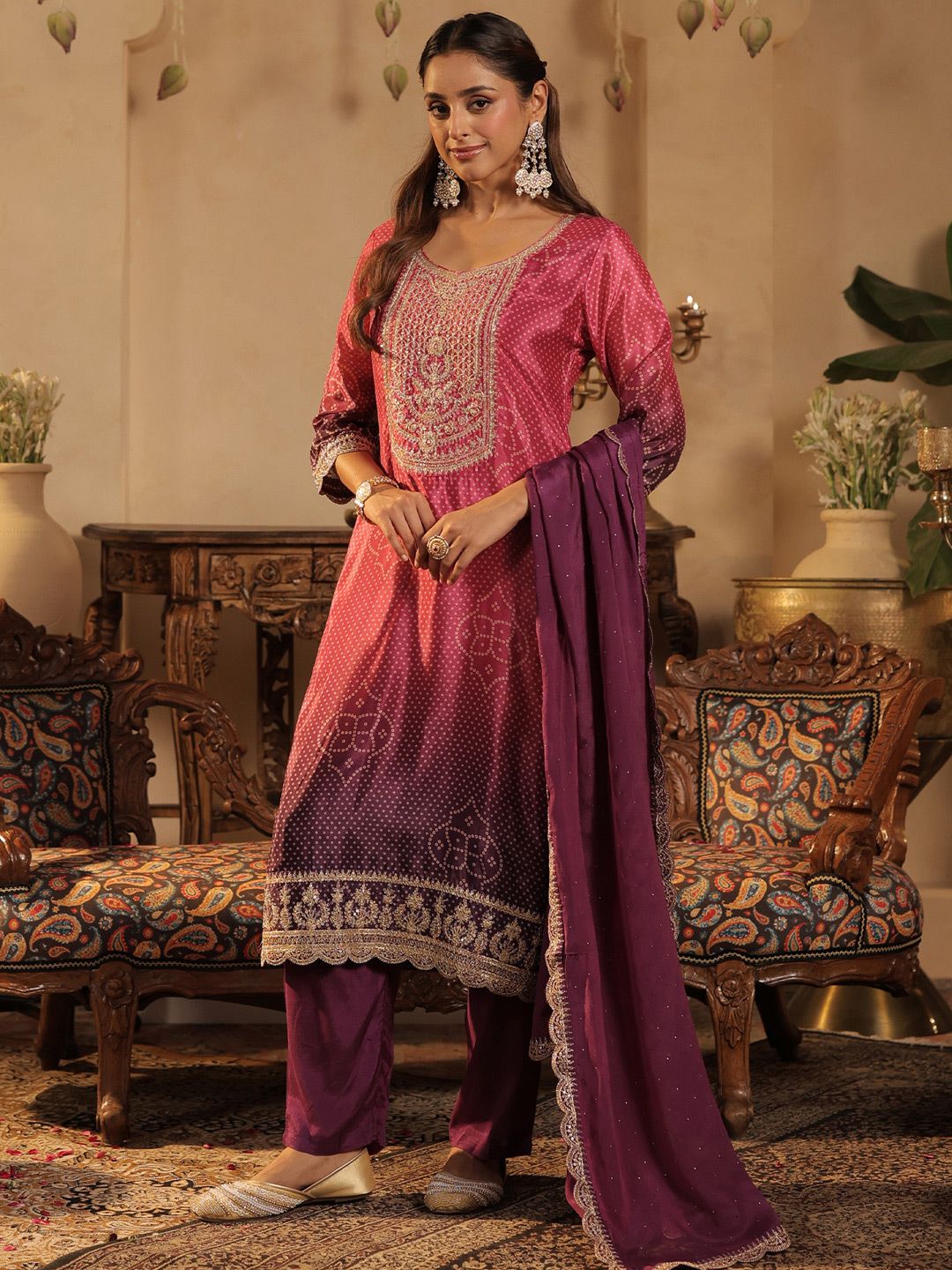 Bandhani Printed Straight Sequinned Kurta With Trousers & Dupatta