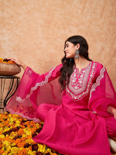 Indyancart IE Floral Zari Embroidered Liva Kurta with Trousers & Dupatta