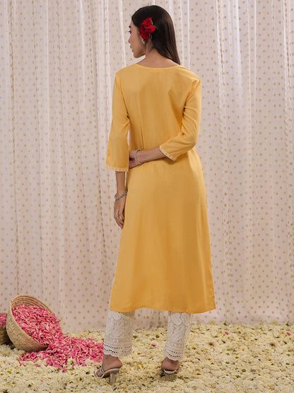 Indyancart IE Floral Embroidered Round Neck Three-Quarter Sleeves Straight Kurta