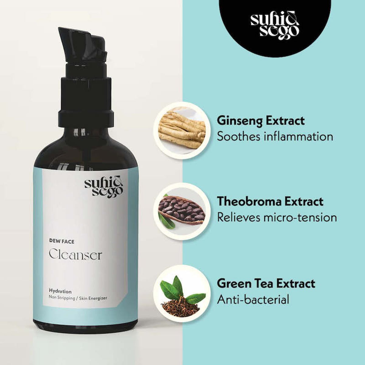 Suhi & Sego Dew Face Gel Cleanser With Ginseng, Non-Stripping, Hydrating, Removes Dirt & Sebum