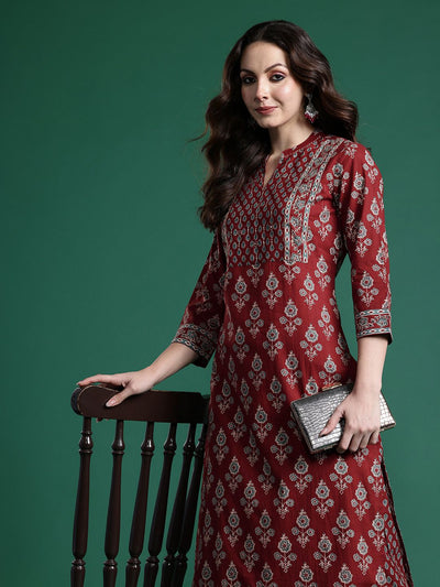 Indyancart IE Ethnic Motifs Printed Pure Cotton Kurta with Trousers