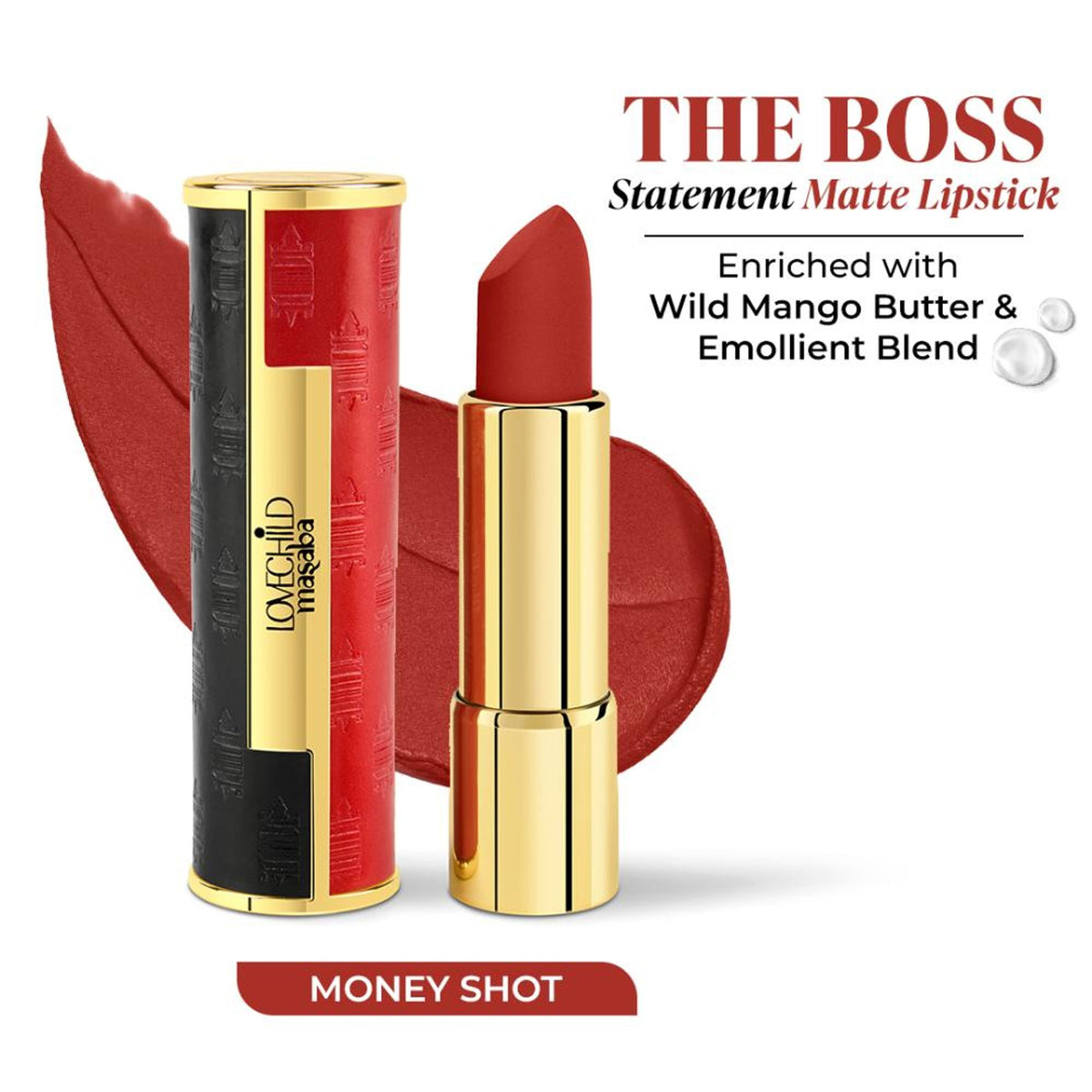 LoveChild Masaba LoveChild Masaba Money Shot matte lipstick in deep red shade, displayed in a sleek tube with a close-up view.