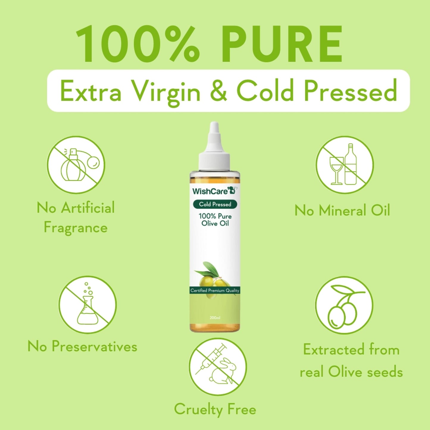 WishCare 100% Pure Cold Pressed Olive Oil for Dry & Frizzy Hair and Glowing Skin