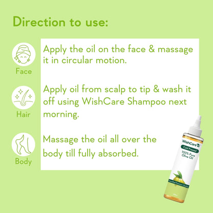 WishCare 100% Pure Cold Pressed Olive Oil for Dry & Frizzy Hair and Glowing Skin