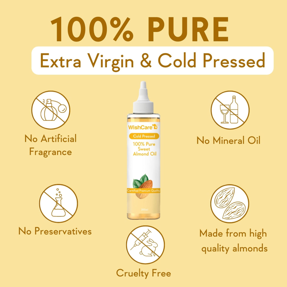 WishCare 100% Pure Cold Pressed Badam Rogan Sweet Almond Oil-Strengthens Hair-Adds Glow to Dry Skin