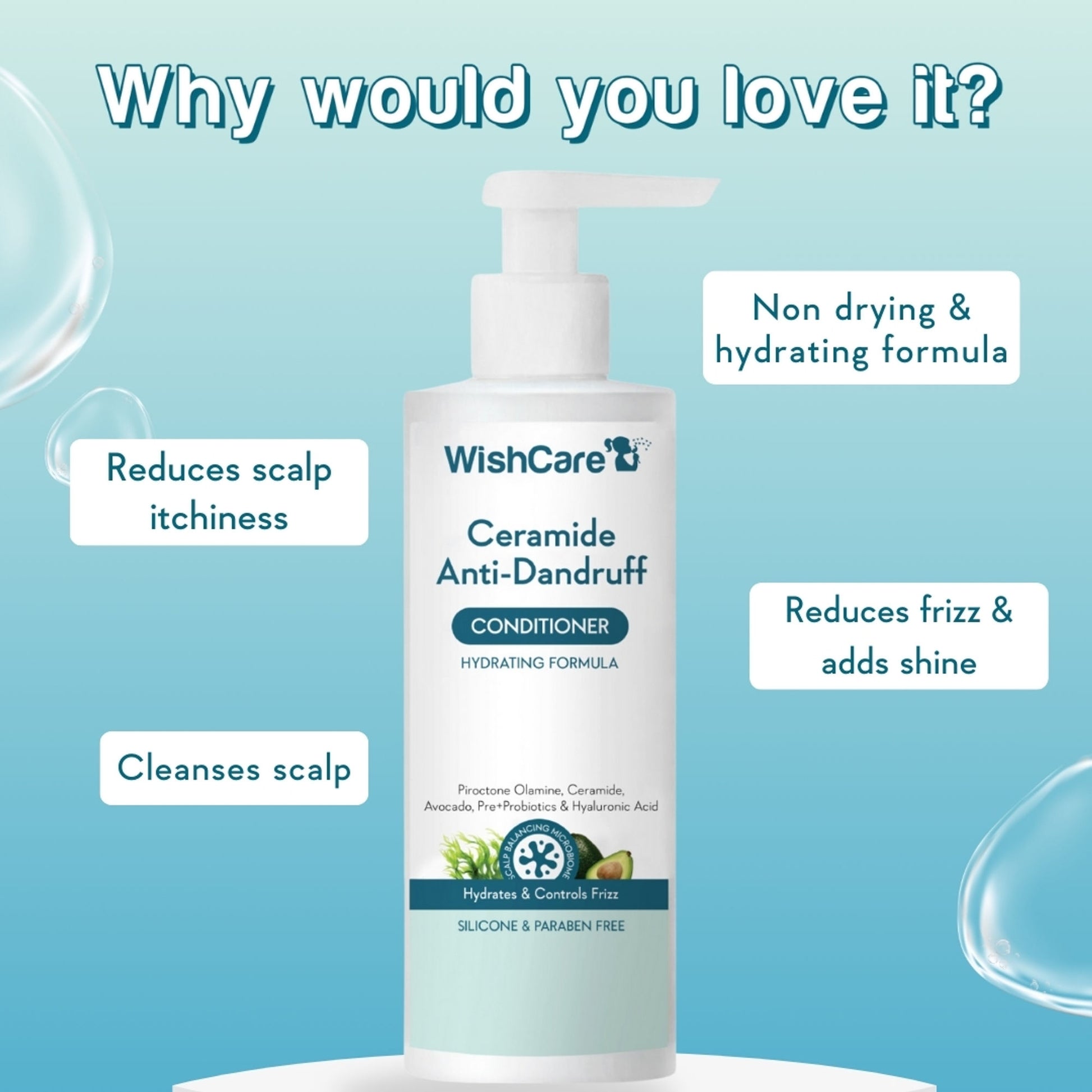 WishCare Ceramide Anti Dandruff Conditioner for Dry & Frizzy Hair - Controls Dandruff & Adds Shine