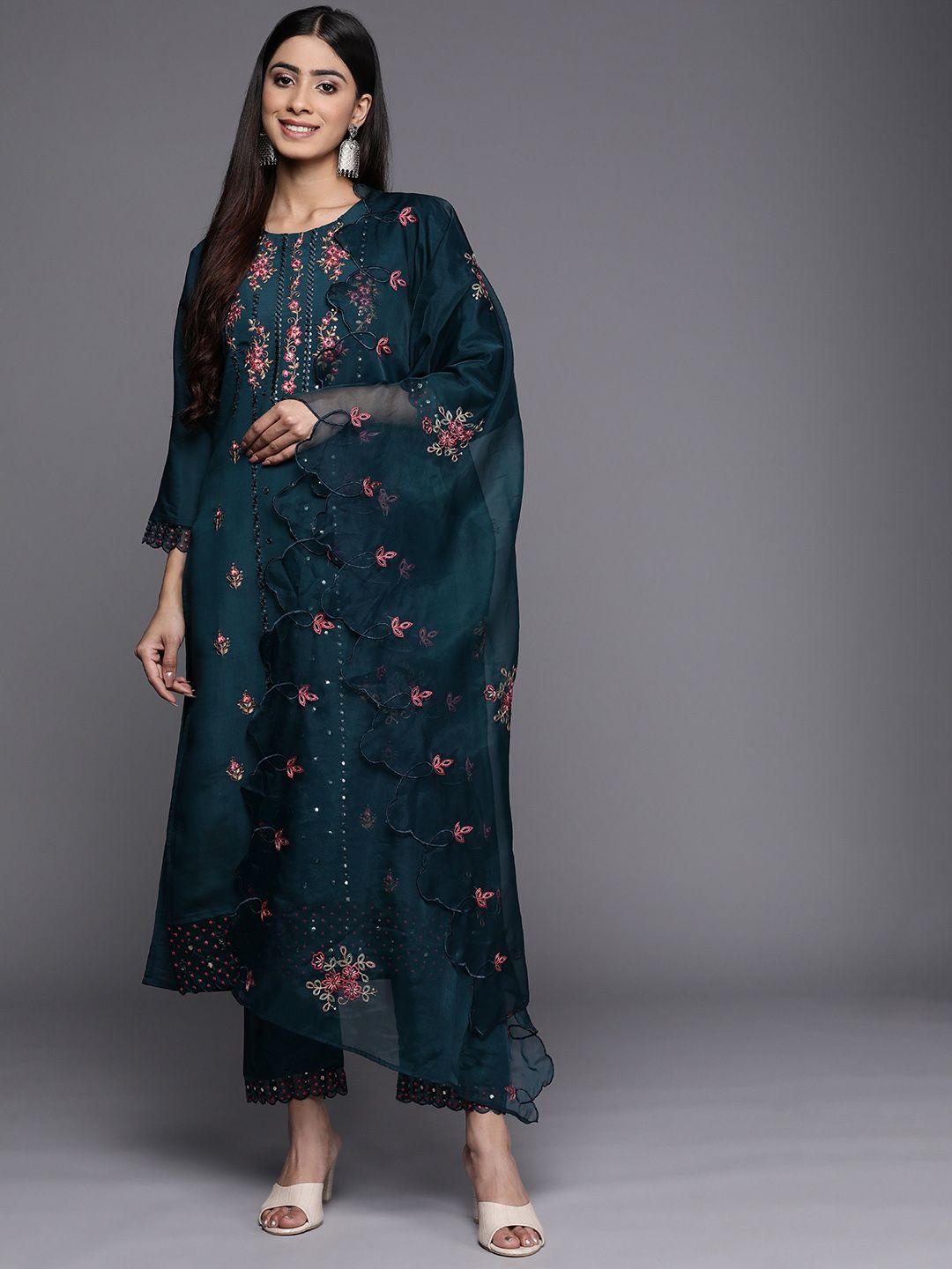 Indyancart VA Women'sTeal Floral Embroidered Kurta with Trouser & Dupatta