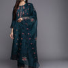 Indyancart VA Women'sTeal Floral Embroidered Kurta with Trouser & Dupatta