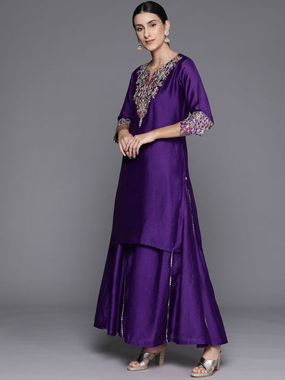 Indyancart VA Women Floral Yoke Design Sequinned Chanderi Silk Kurta with Palazzos & Dupatta