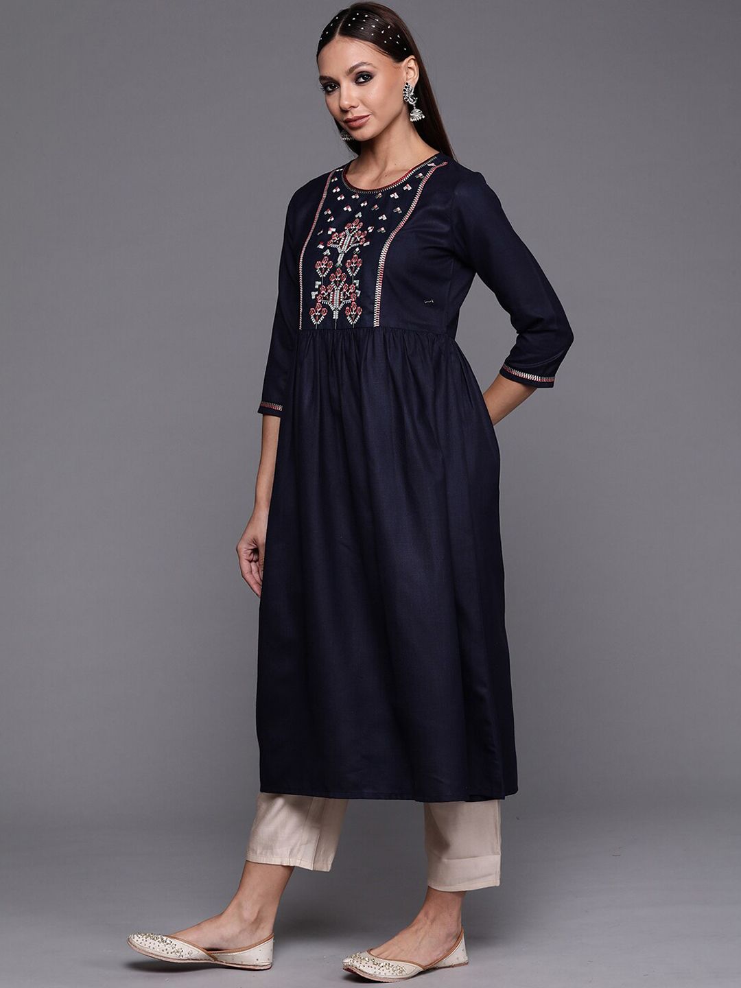 Dhiyona IE Women Yoke Design Embroidered A-line Cotton Kurta