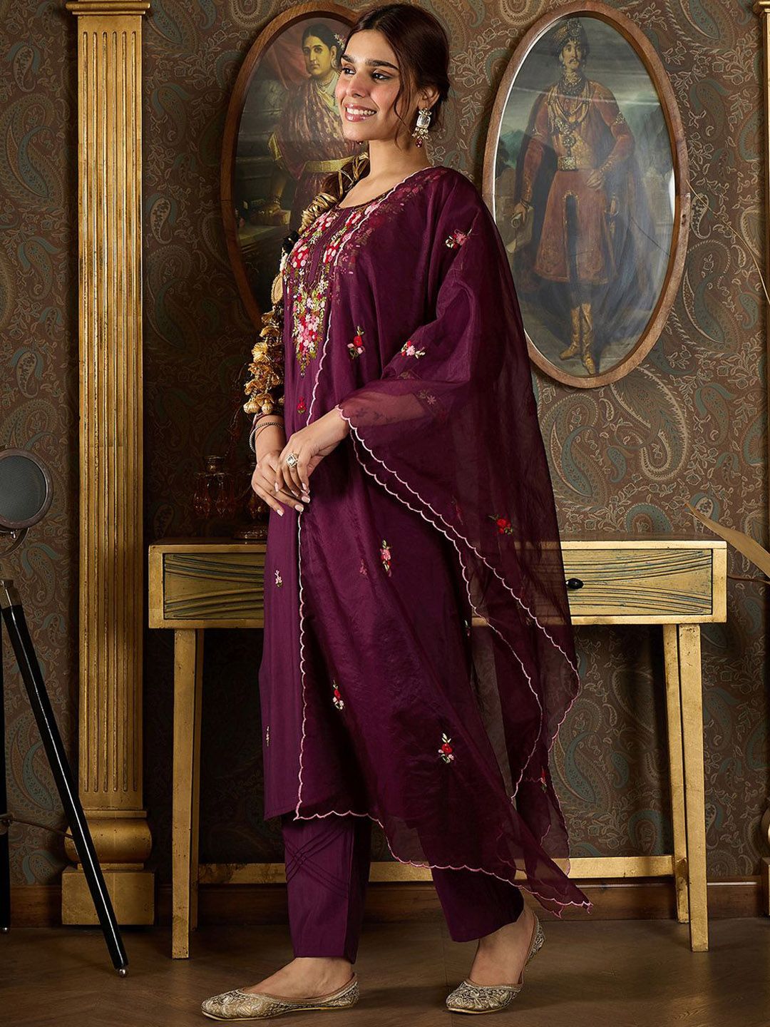 Indyancart IE Floral Embroidered Kurta With Trousers & Dupatta