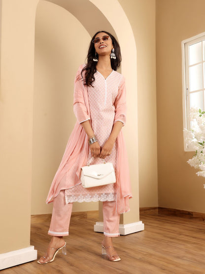 Indyancart VA Women'sFloral Embroidered Thread Work Straight Kurta With Trousers & Dupatta
