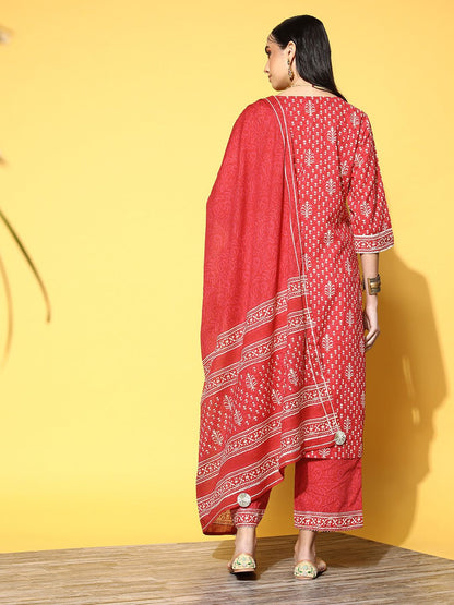 Indyancart IE Women Coral Ethnic Motifs Printed Gotta Patti Kurta with Palazzos & With Dupatta