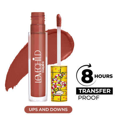 LoveChild Masaba matte transfer-proof liquid lipstick in shade 02 Ups & Downs, enriched with jojoba and macadamia oil, displayed on a model.