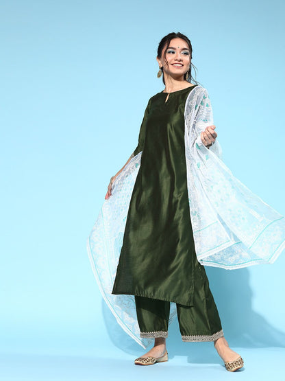 Women Green Embroidered Regular Sequinned Liva Kurta with Palazzos & With Dupatta