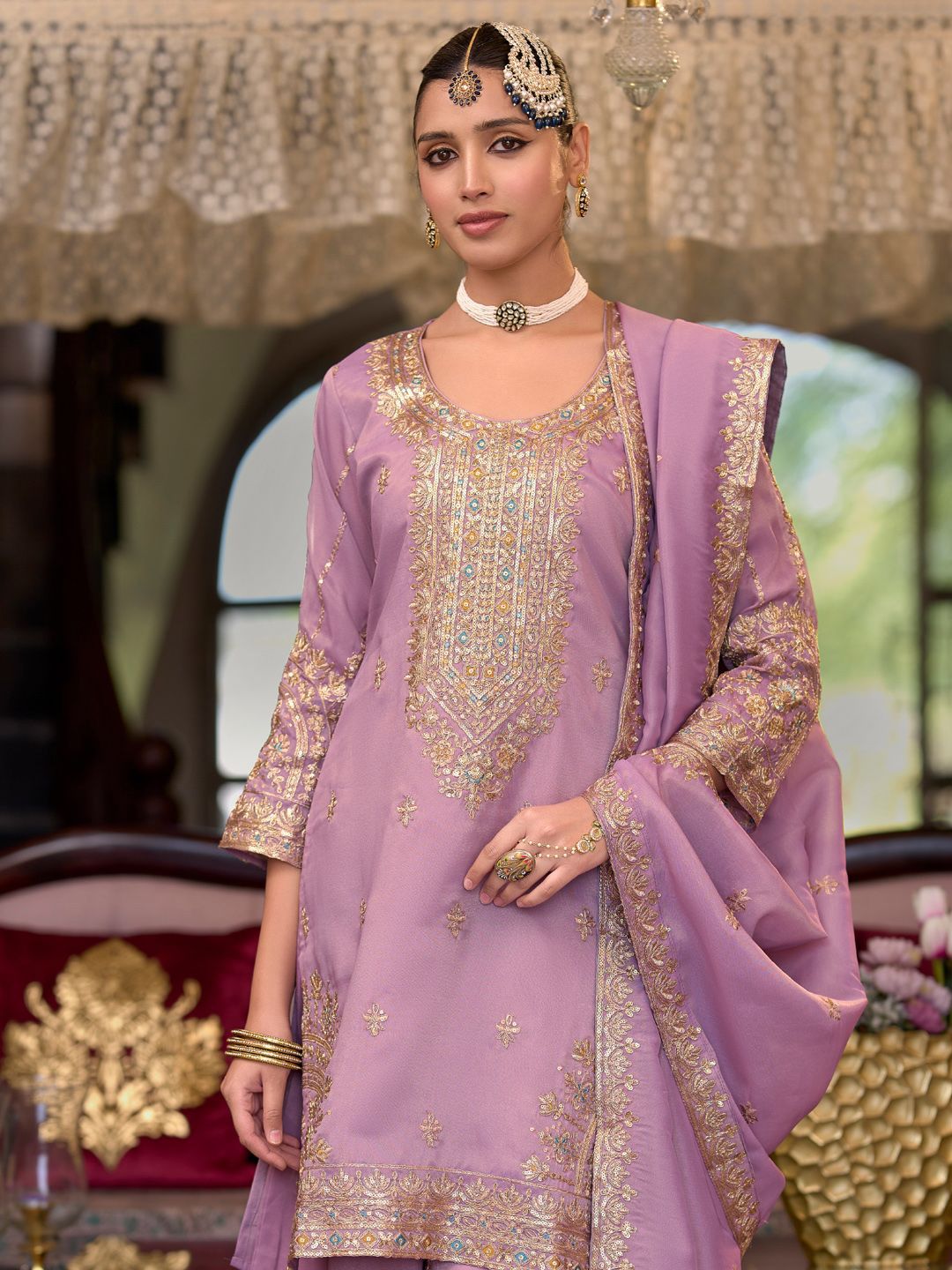Indyancart IE Ethnic Motifs Embroidered Sequinned Straight Kurta Palazzos With Dupatta