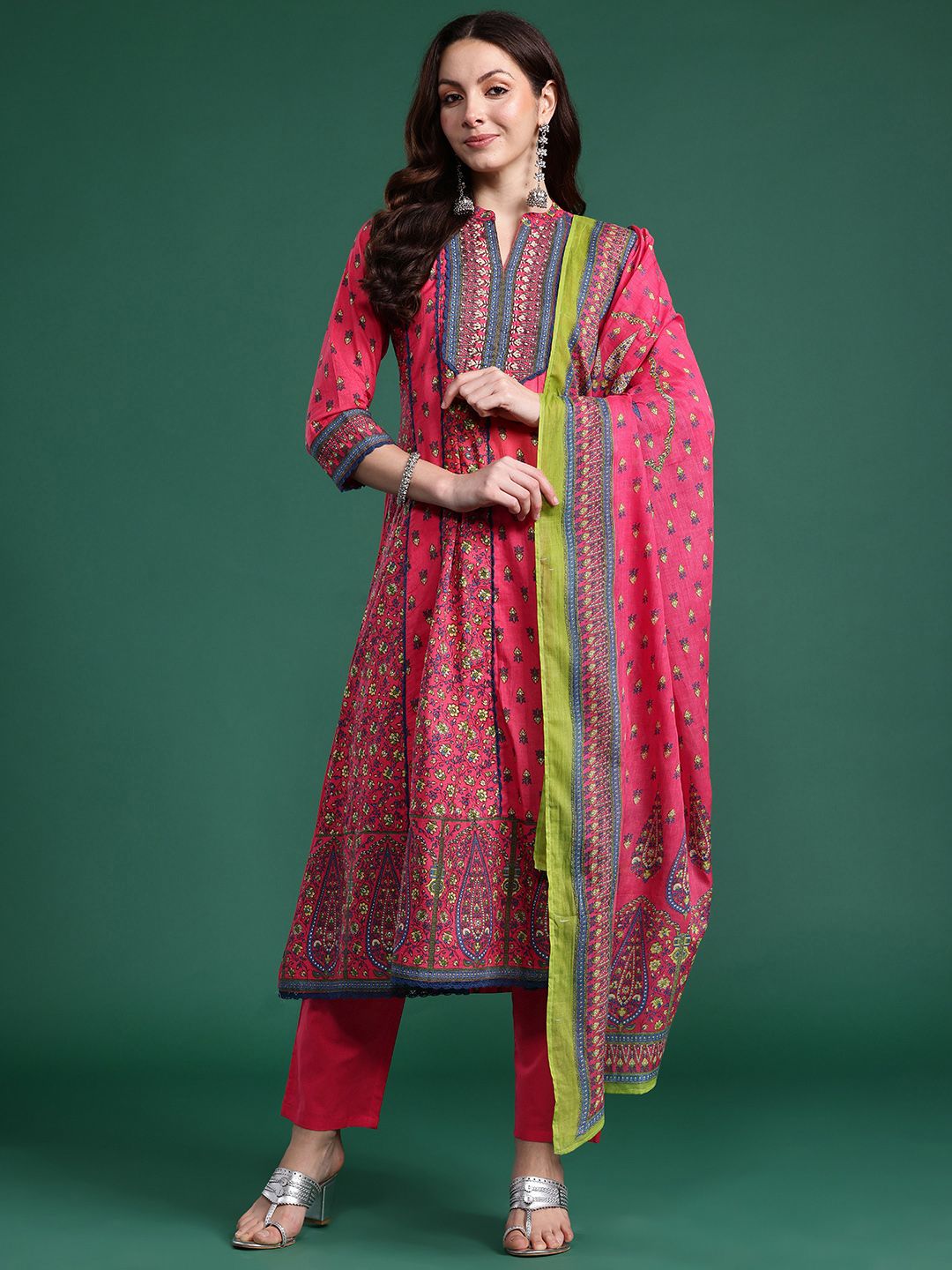 Women Ethnic Motifs Printed Sequinned Pure Cotton Kurta with Trousers & Dupatta