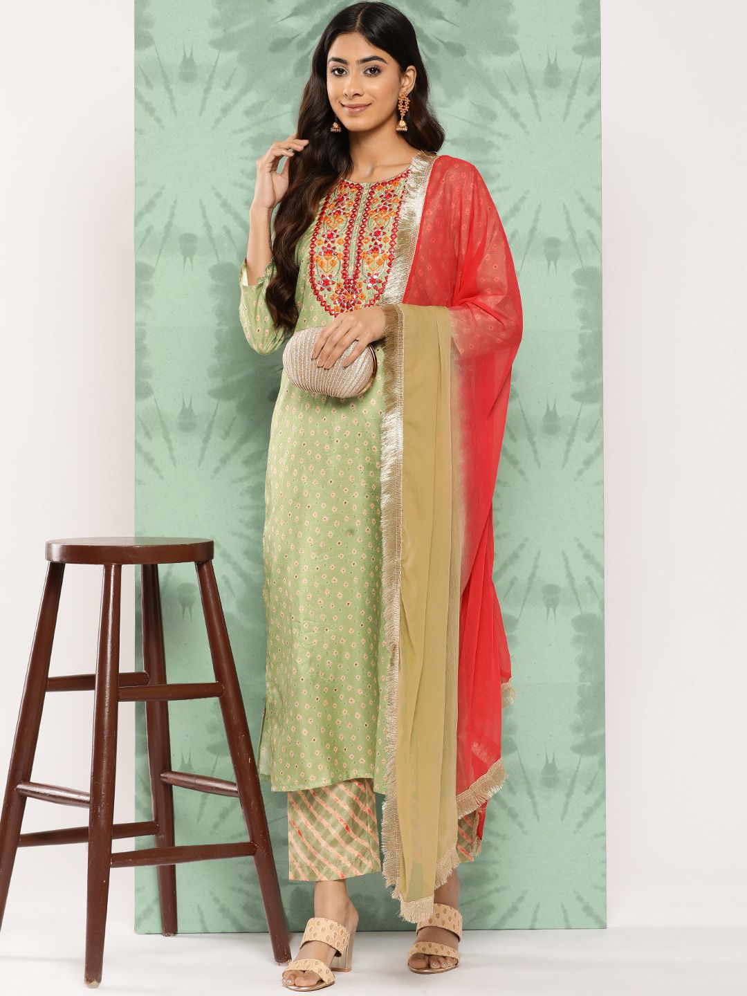 Indyancart VA Women's Ethnic Motifs Embroidered Mirror Work Kurta with Trousers & With Dupatta
