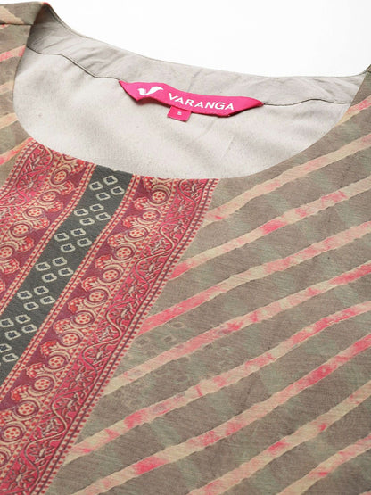 Indyancart VA Women's Leheriya Striped Regular Kurta with Trousers & Dupatta