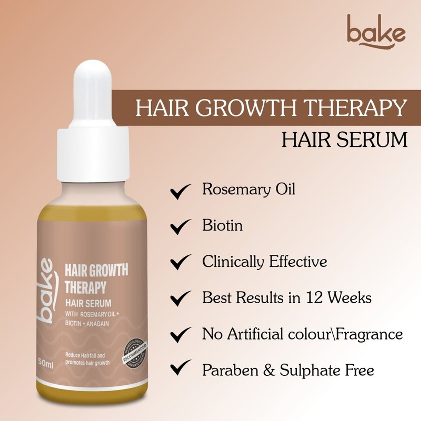 BAKE Rosemary Oil Hair Growth Serum for Hairfall Control with Anagain & Biotin For Drym Frizzy Hair