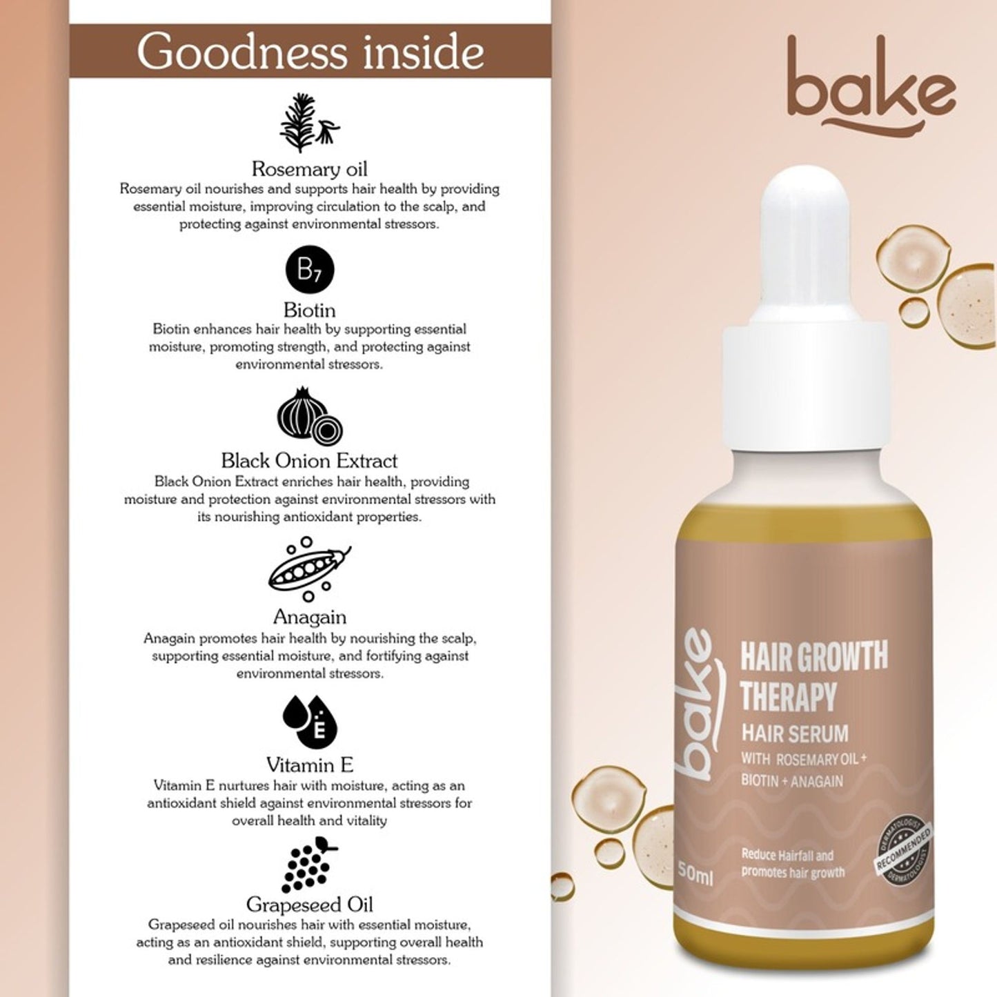 BAKE Rosemary Oil Hair Growth Serum for Hairfall Control with Anagain & Biotin For Drym Frizzy Hair