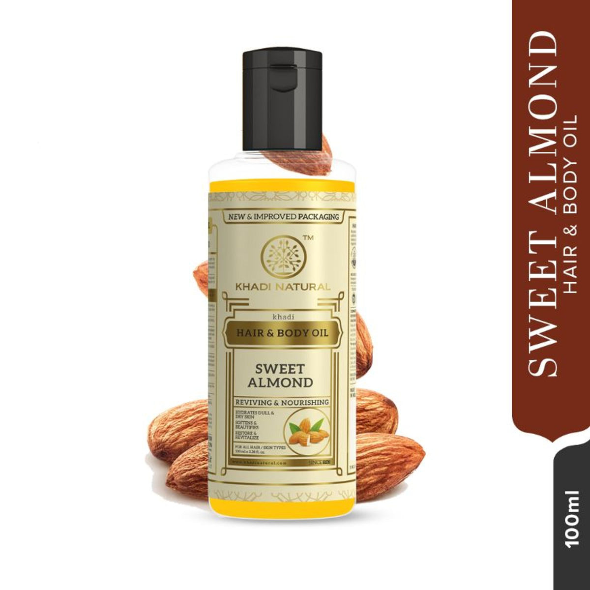 Khadi Natural Sweet Almond Hair and Body Oil bottle with almond and herbal ingredients for hydrating dry, dull skin and hair.
