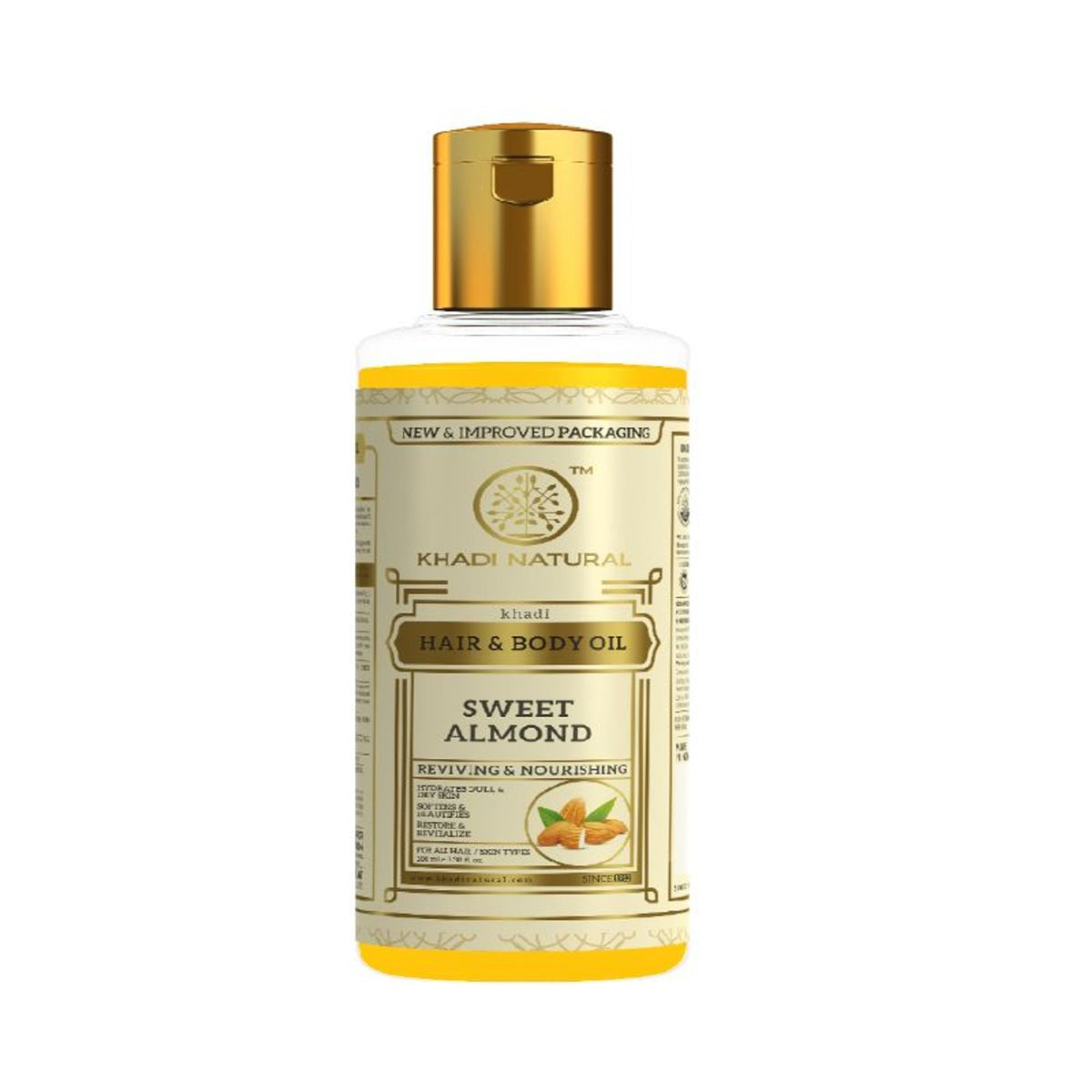 Khadi Natural Sweet Almond Hair & Body Oil bottle with almond illustration, designed to hydrate dry skin and nourish hair.
