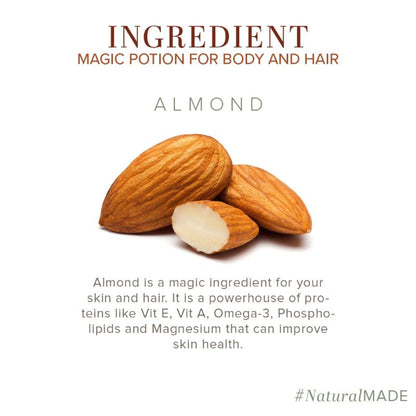 Khadi Natural Sweet Almond Hair and Body Oil bottle with almond illustrations, designed to hydrate dry skin and dull hair.