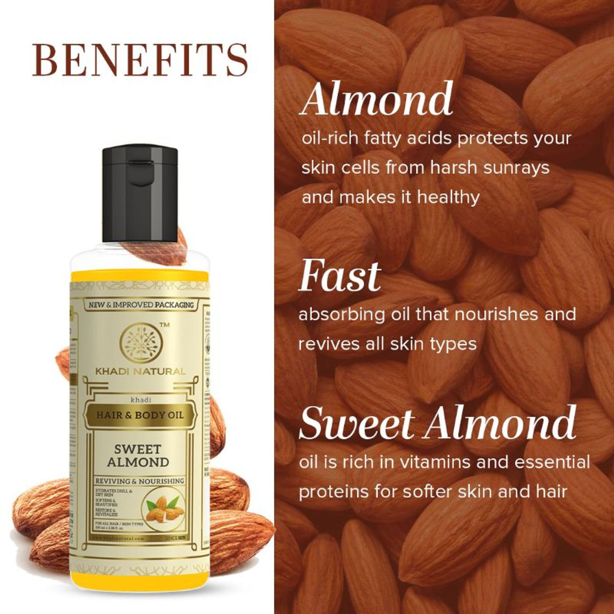 Khadi Natural Sweet Almond Hair & Body Oil bottle with almond illustrations, used to hydrate dry and dull skin and hair.