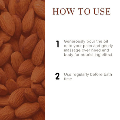 Khadi Natural Sweet Almond Hair and Body Oil bottle with almond illustrations, designed for hydrating dull and dry skin and hair.