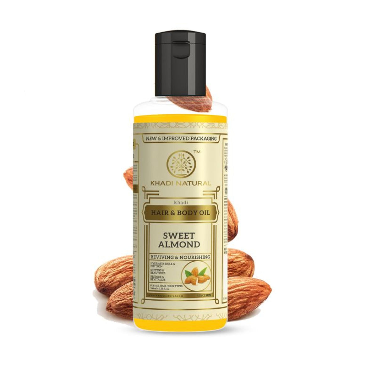 Khadi Natural Sweet Almond Hair and Body Oil bottle with almond illustrations, hydrating dull and dry skin and hair.