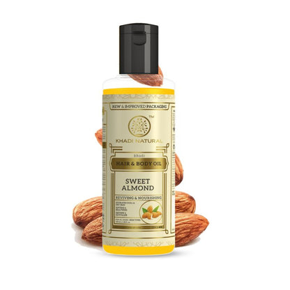 Khadi Natural Sweet Almond Hair and Body Oil bottle with almond illustrations, hydrating dull and dry skin and hair.
