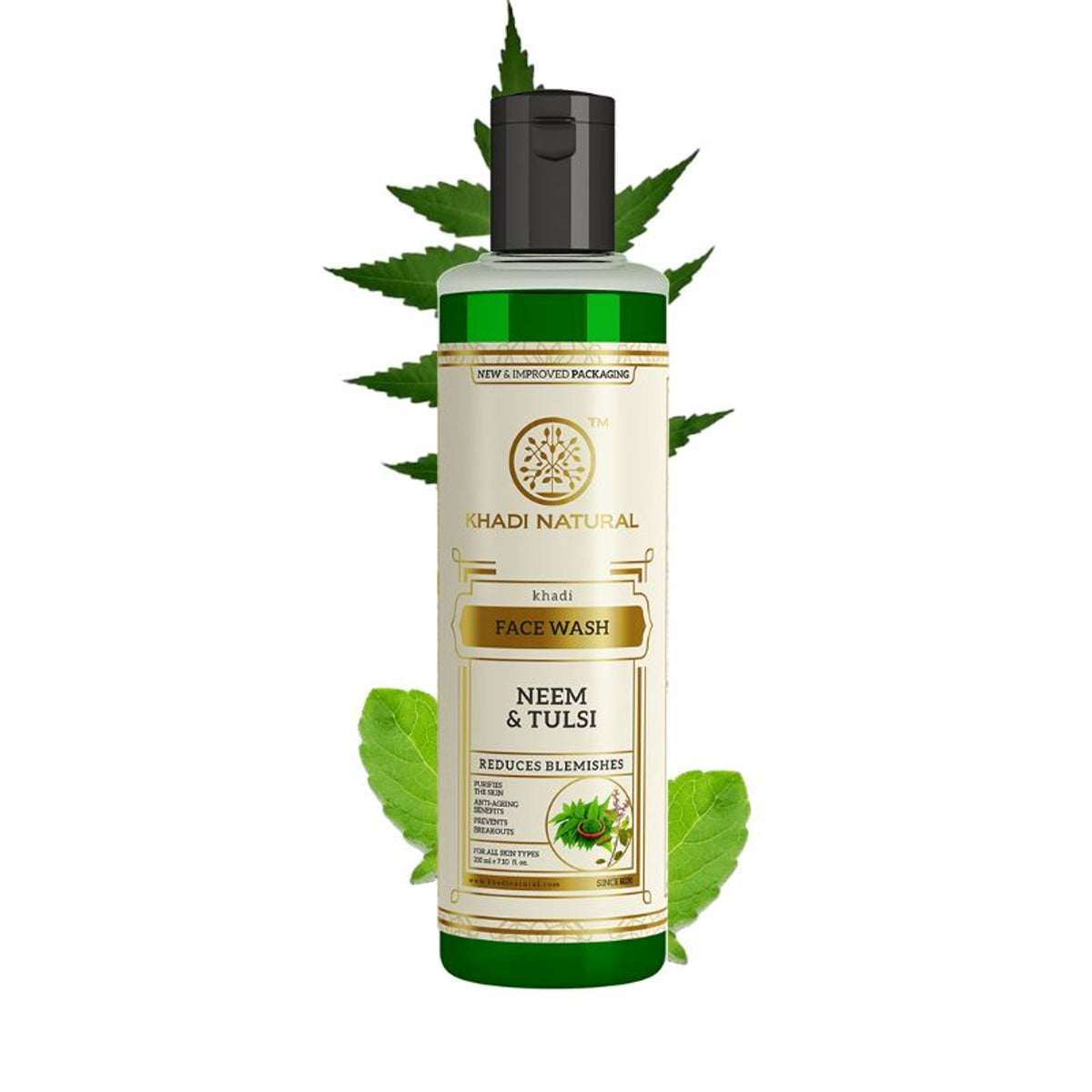 Khadi Natural Neem & Tulsi Face Wash bottle with natural ingredients for controlling excess oil and cleansing skin.