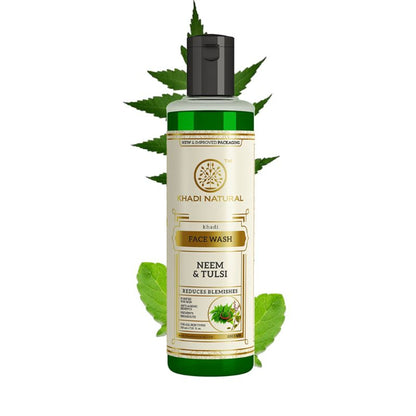 Khadi Natural Neem & Tulsi Face Wash bottle with natural ingredients for controlling excess oil and cleansing skin.