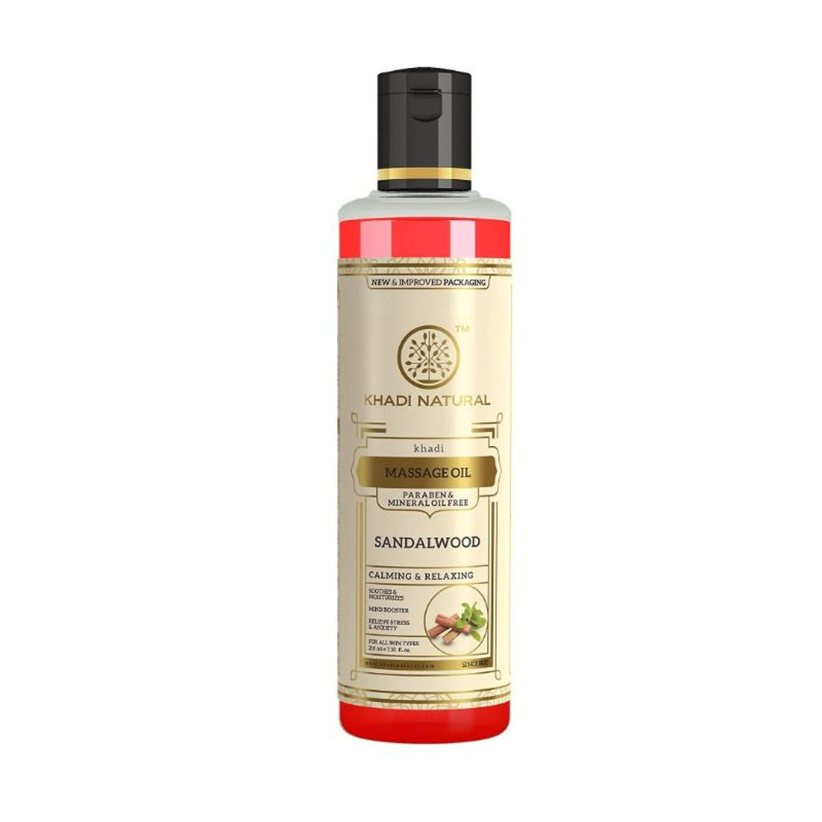 Khadi Natural Sandalwood Massage Oil in a glass bottle, free from parabens and mineral oils, with sandalwood scent visible.