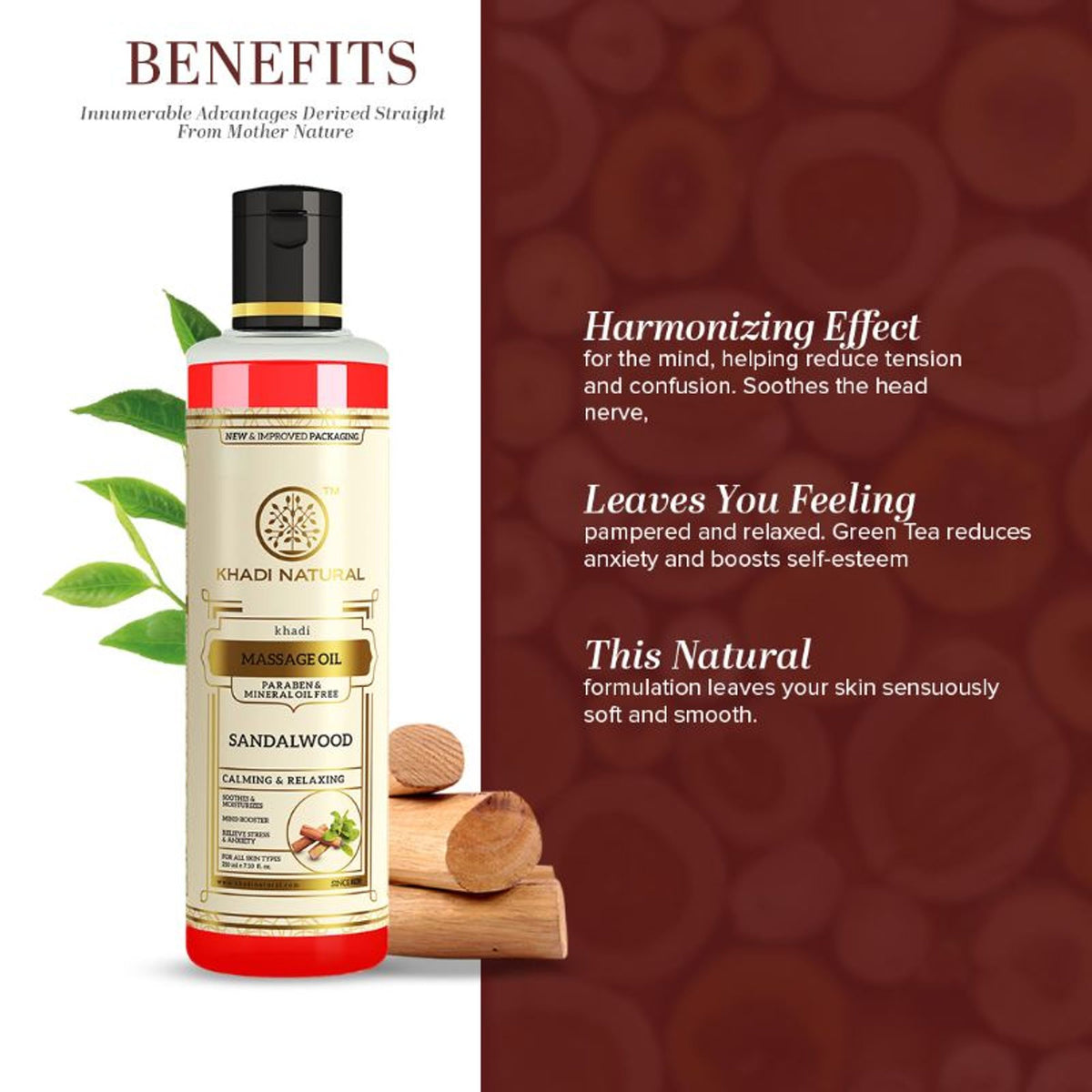 Khadi Natural Sandalwood Massage Oil in a glass bottle, free from parabens and mineral oils, with a sandalwood scent and smooth texture.
