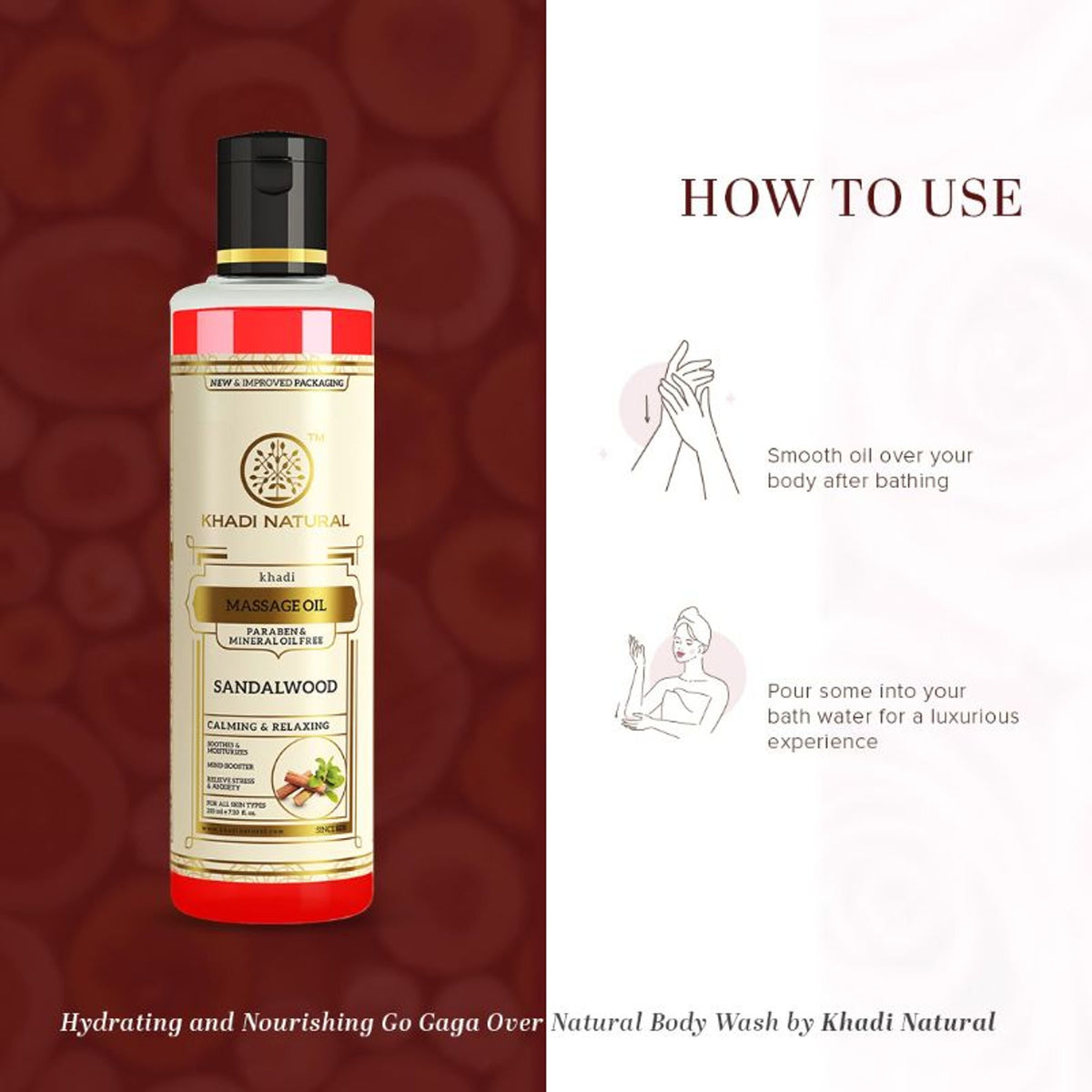 Khadi Natural sandalwood massage oil bottle, paraben and mineral oil free, with a natural sandalwood scent and smooth texture.