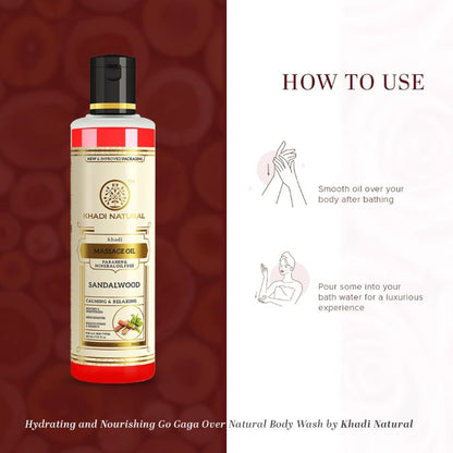 Khadi Natural sandalwood massage oil bottle, paraben and mineral oil free, with a natural sandalwood scent and smooth texture.