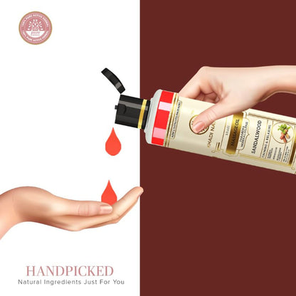 Khadi Natural Sandalwood Massage Oil bottle, free from parabens and mineral oils, with a label and pump dispenser visible.