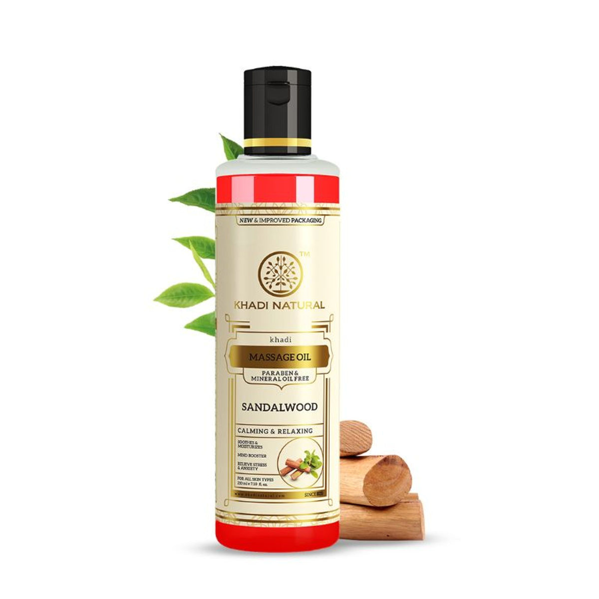 Khadi Natural sandalwood massage oil in a clear glass bottle, free of parabens and mineral oils, with a sandalwood label