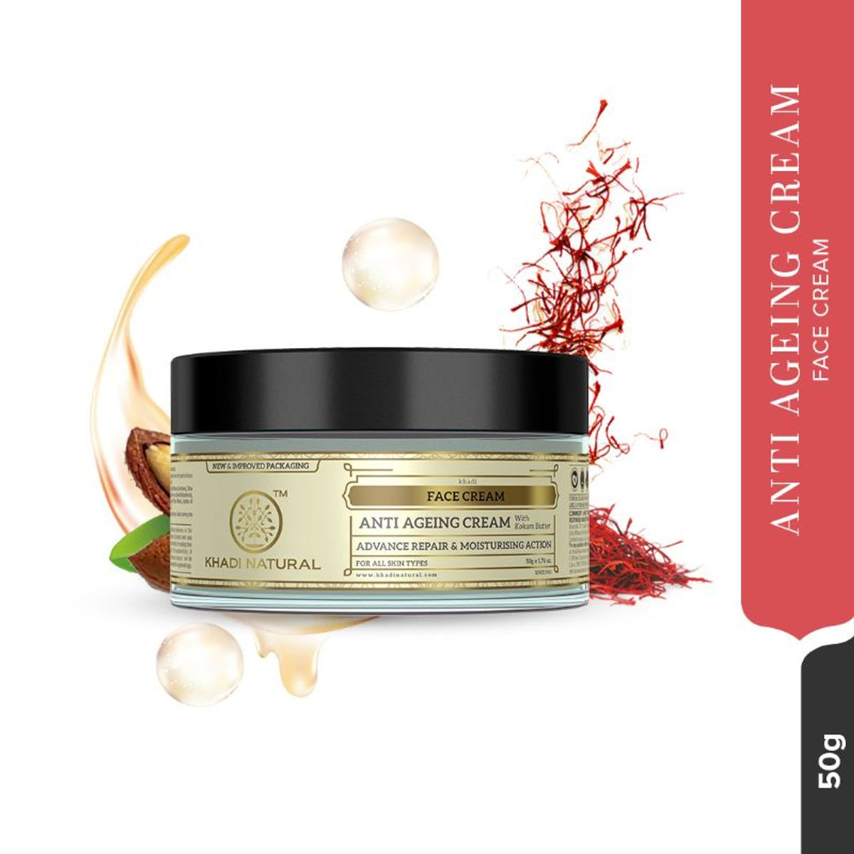 Khadi Natural anti-aging cream jar with cream visible, designed to reduce fine lines and wrinkles, promoting youthful skin.