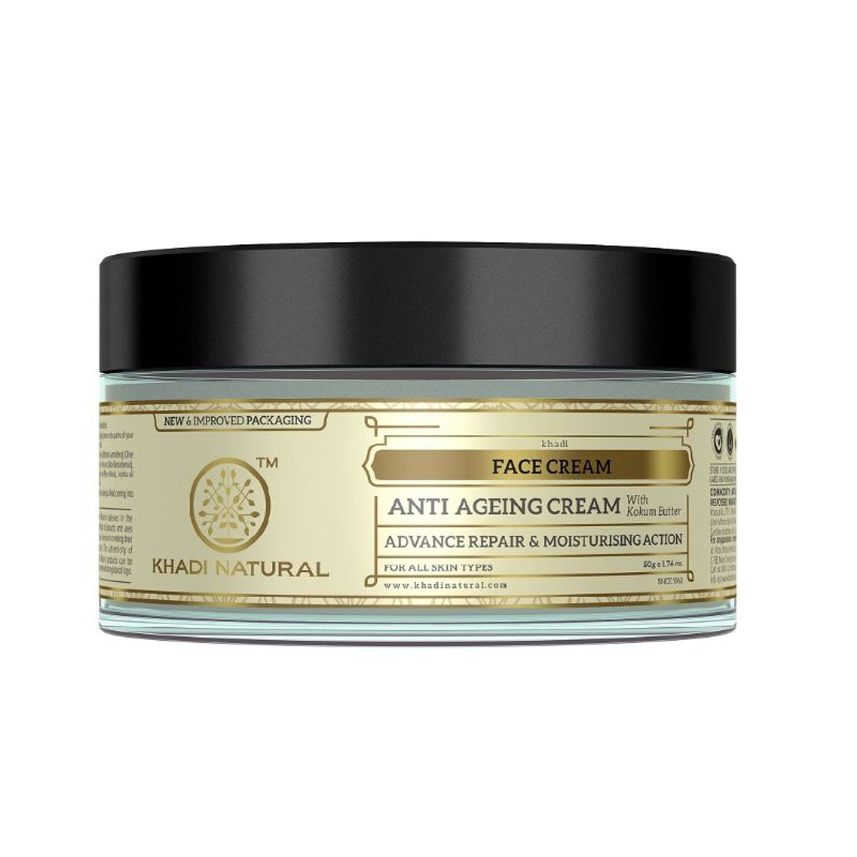 Khadi Natural anti-aging cream jar with herbal ingredients, designed to reduce fine lines and wrinkles.