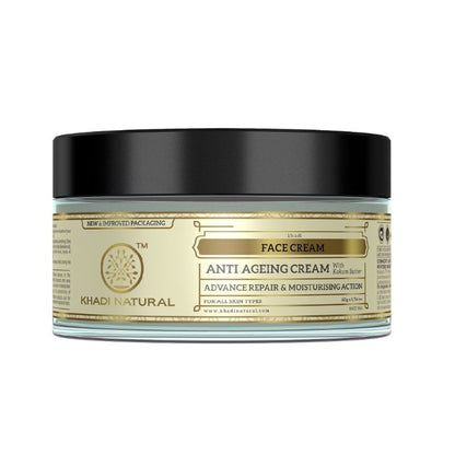 Khadi Natural anti-aging cream jar with herbal ingredients, designed to reduce fine lines and wrinkles.