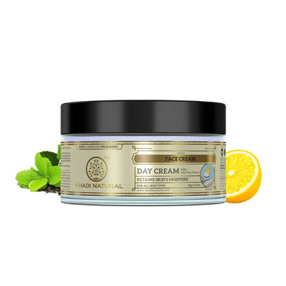 Khadi Natural Face Day Cream in a jar, showing the cream's smooth texture and natural ingredients for retaining skin moisture