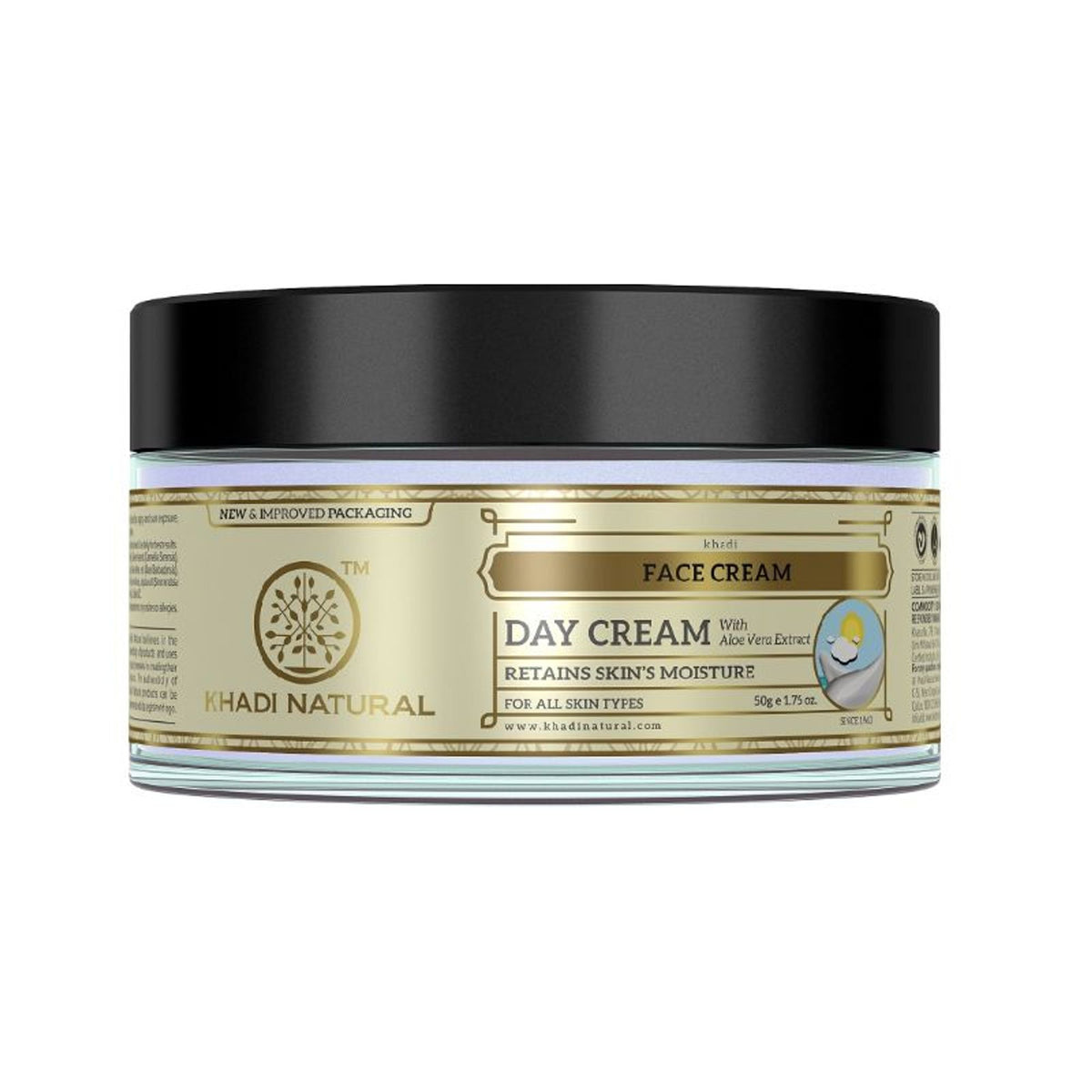 Khadi Natural face day cream in a jar, showing the creamy texture and natural ingredients for skin moisture retention.