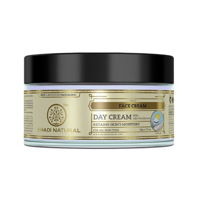Khadi Natural face day cream in a jar, showing the creamy texture and natural ingredients for skin moisture retention.